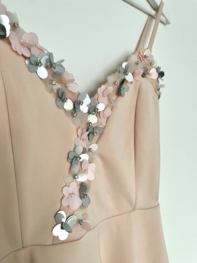 Rosa Midi-Kleid mit Blumenpailetten, Grösse 36